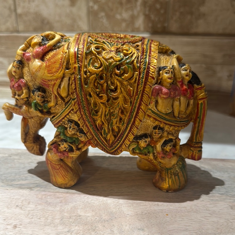 Intricately Designed Gold and Green Elephant Figurine